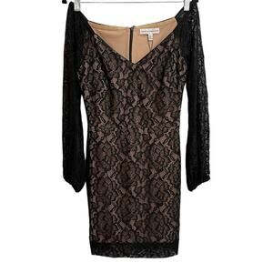 Dress the Population Off the Shoulder Black Nude Blouson Sleeve Lace Dress NWT